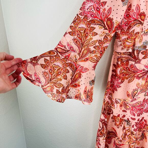 Julia Jordan Ruffled Flounce Bell Sleeve Floral Paisley Pink Midi Dress 8 NWT - Picture 8 of 16